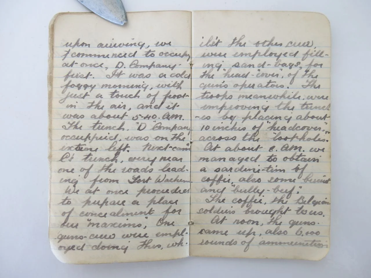 upon arriving, we commenced to occupy at once, D. Company first. It was a cold, foggy morning, with just a touch of frost in the air, and it was about 5.40 am. The trench "D" Company occupied was on the extreme left. Next came C's trench, very near one of the roads leading from Fort Waelhem. We at once preceeded to prepare a place of concealment for our "maxims". Our guns-crew were employed doing this, whilst the other crew were employed filling sand-bags for the "head-cover" of the gun's operators . The troops meanwhile were improving the trenches by placing about 10 inches of "headcover" across the "loop holes". At about 8am we managed to obtain a sardine-tin of coffee, also some biscuits and "bully-beef". The coffee, the Belgian soldiers brought to us. At noon, the guns came up, also 6,000 rounds of ammunition.