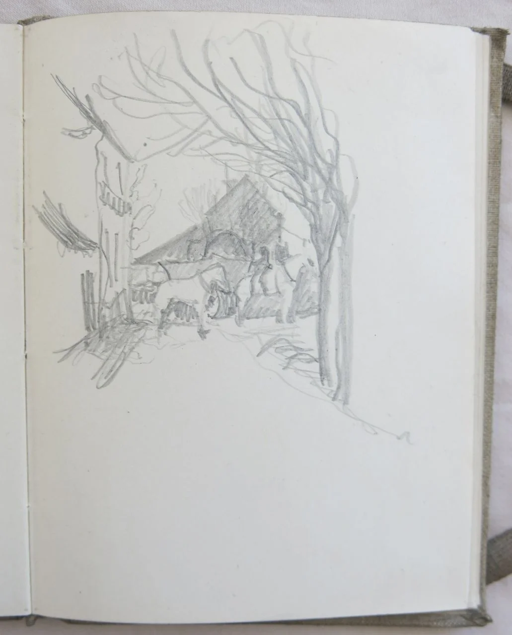 There's a vague outline of two horses at the end of the road. Like many of the sketches, it is unfinished.