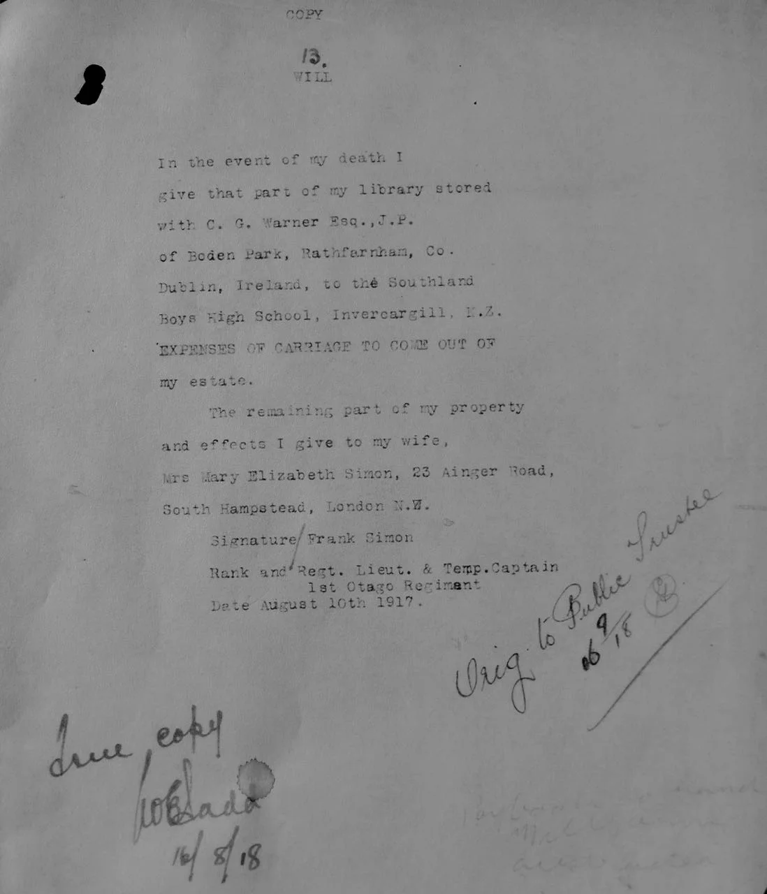 Frank Simon's Will