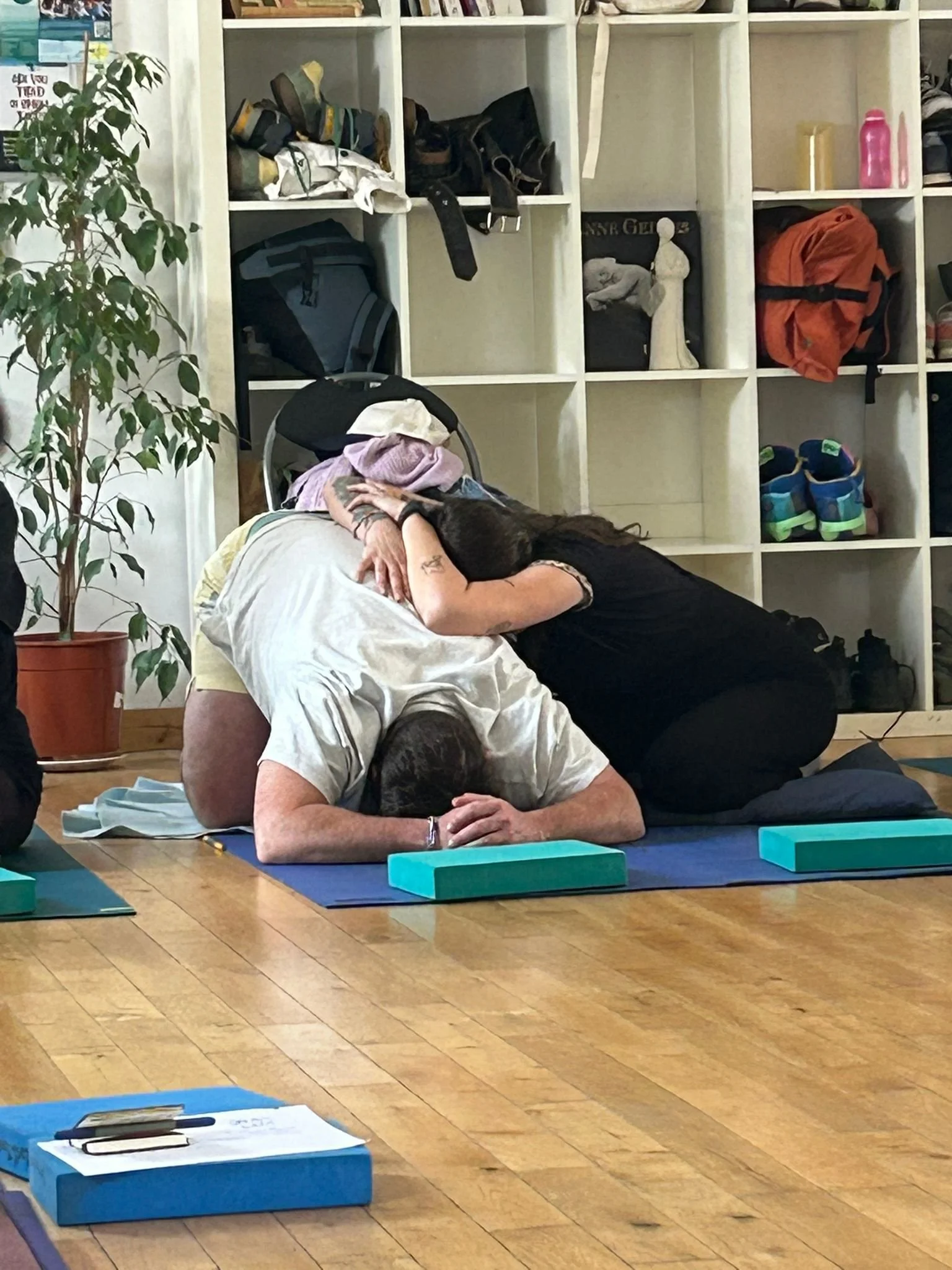 People practicing yoga or meditation on mats in a room with wooden floors, a white shelving unit with bags and belongings, and a potted plant.