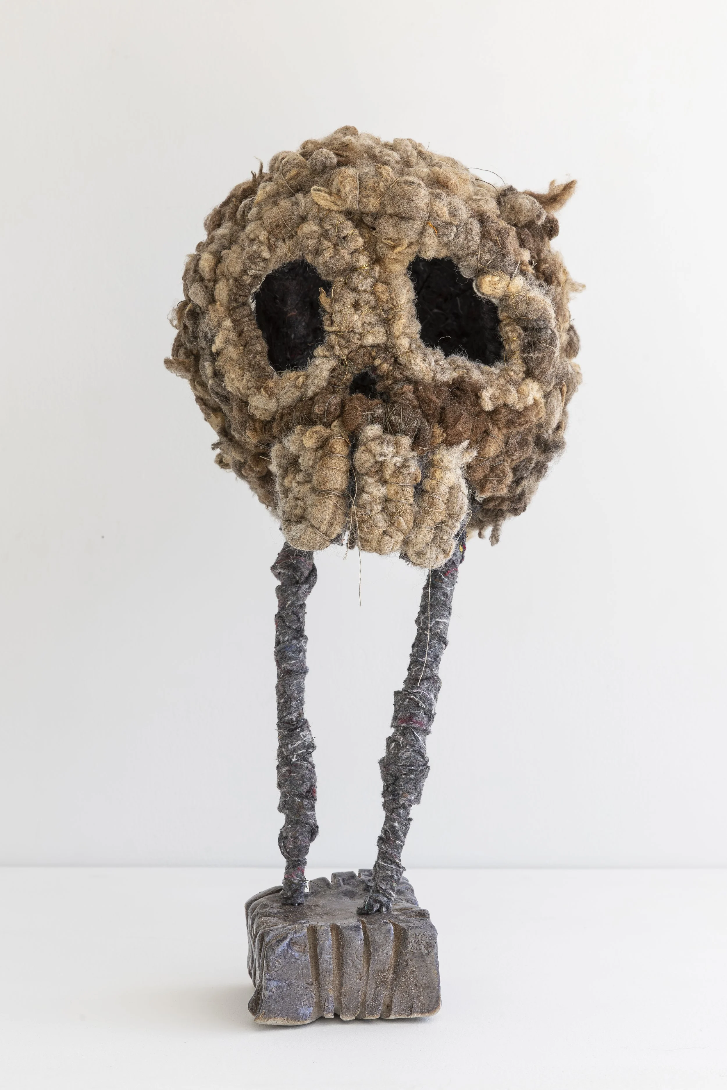   Untitled (familiar skull)  2025, Wool (raw), felt (synthetic), thread, aluminium wire, white raku clay, glaze, 51 X 25 X 26. 