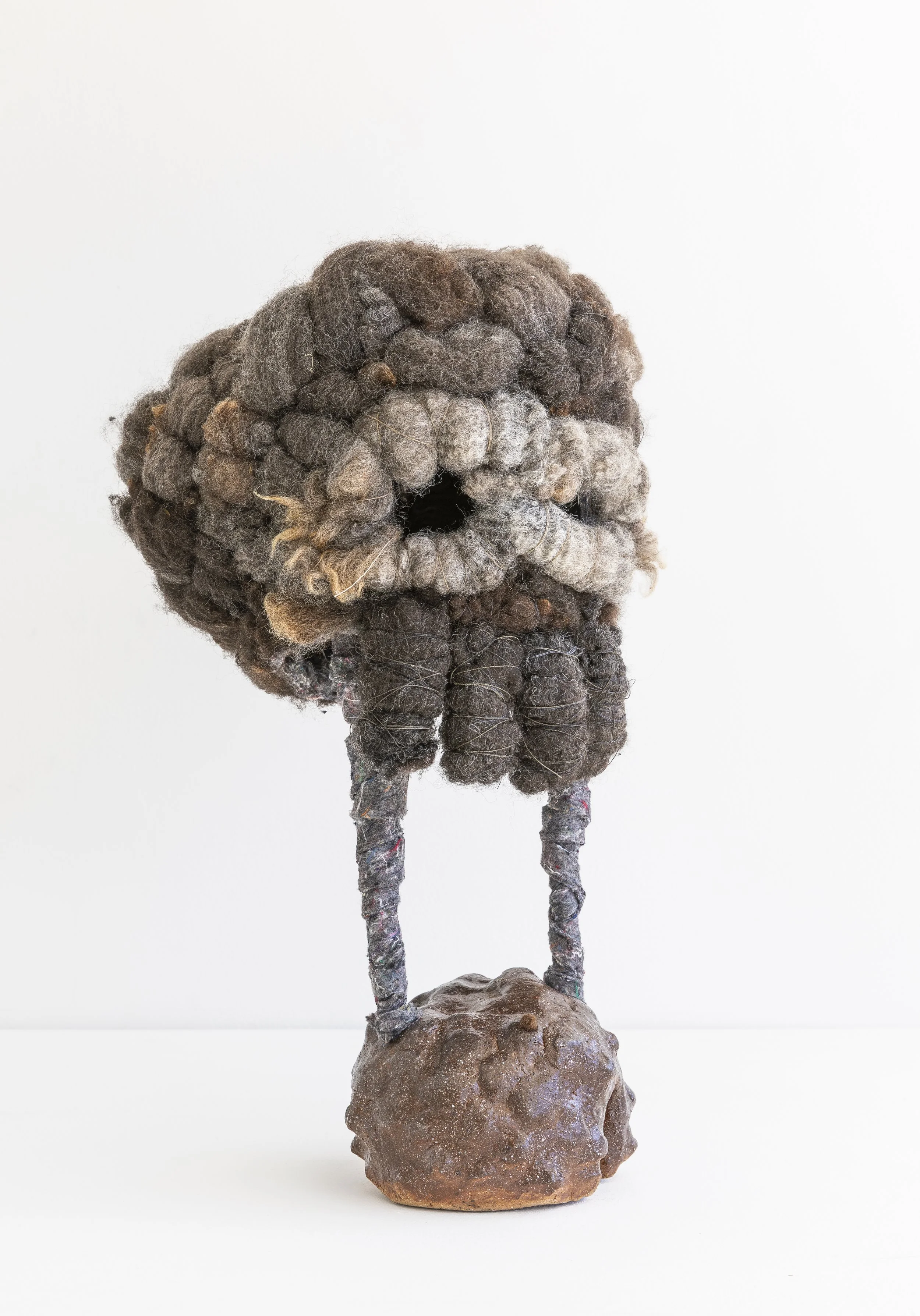   Untitled  (spider weave skull), 2025, wool (raw), felt (synthetic), thread, aluminium wire, raku clay, glaze, 43 X 26 X 23   