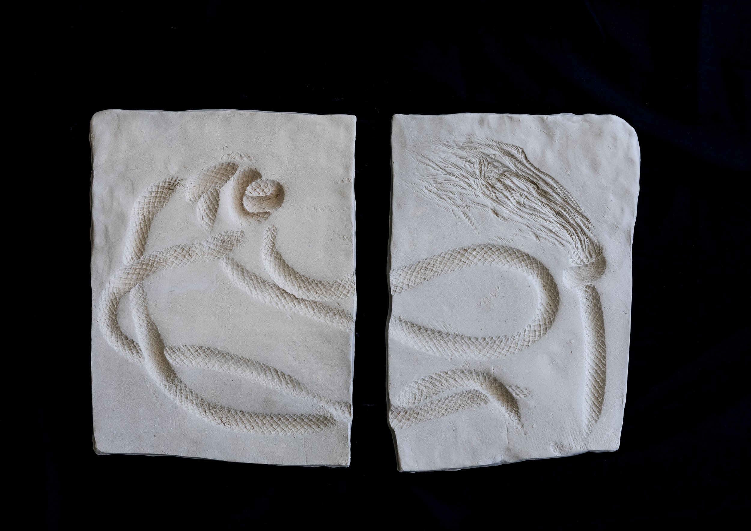   Ropeway tiles  (two parts), 2025, Fired stoneware, 30 X 43 X 1 