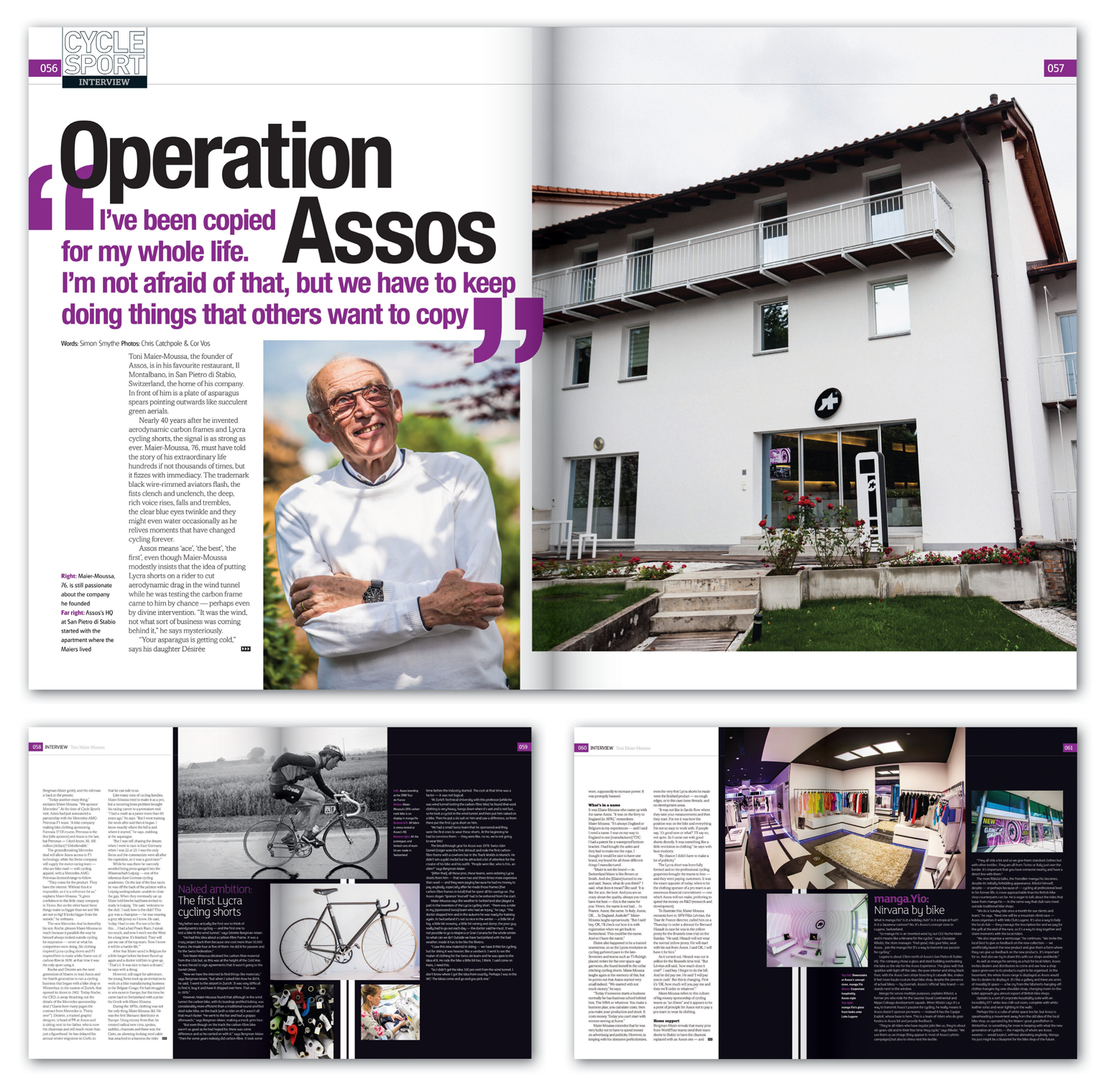 With this feature behind the scenes of the prestigious cycling brand Assos I used their trademark stripe and colours throughout to give it a bit of brand identity