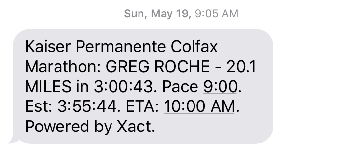 The text from the race tracking service after I passed the 20-mile mark