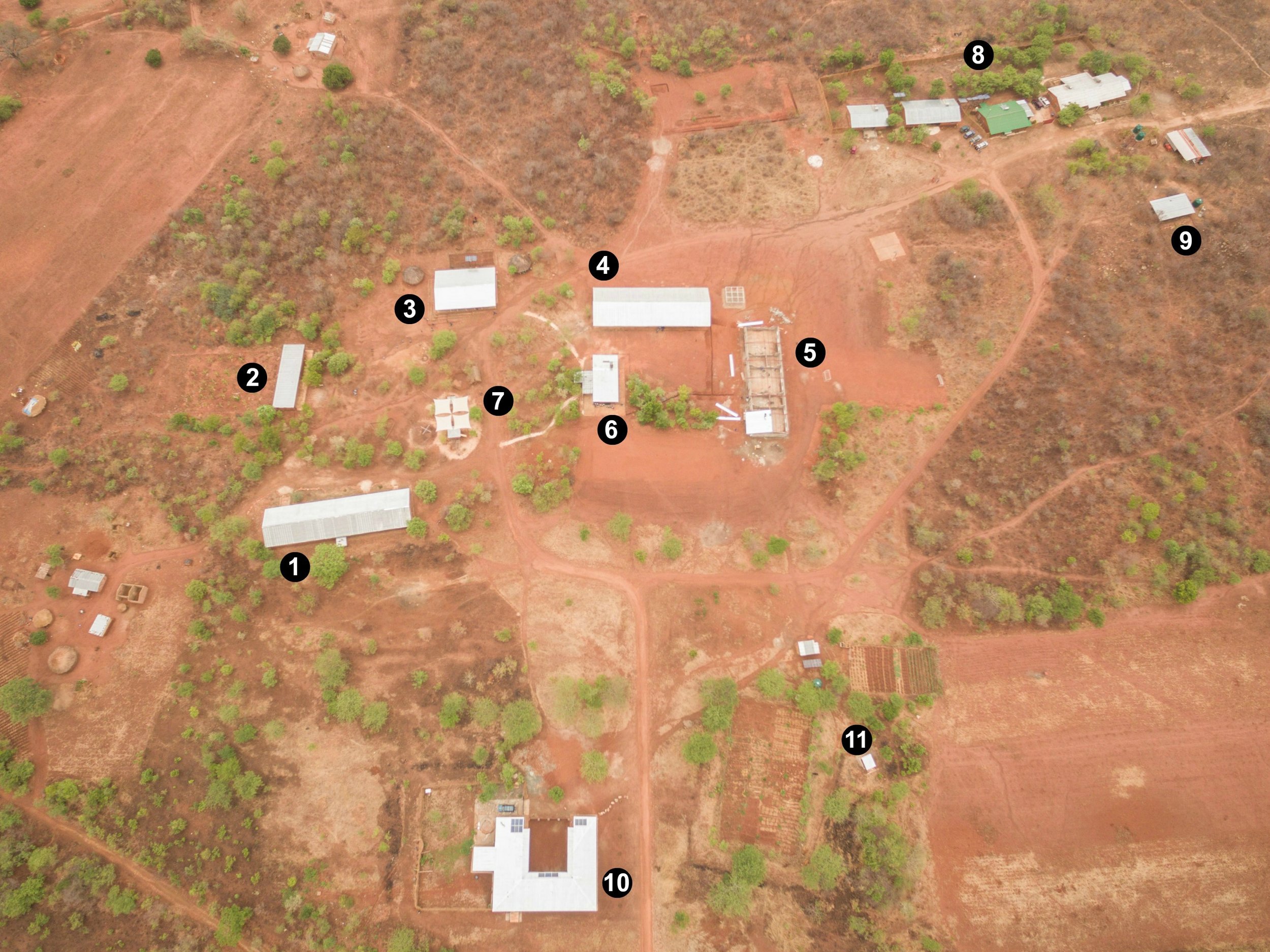 1. Admin/Library/Music/ Temporary Grade 4 2. Bathroom / Banana Field 3. Preschool & Kindergarten 4. Grade 1-3 5. Grade 4-6 6. Kitchen 7. Playground 8. Staff Housing 9. Chicken Coop 10. Guest House 11. Orchards & Fields