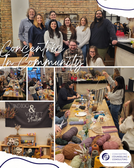 The Concentric Counseling team collaborates on hands-on art projects inside a Chicago-based community art studio, with tables covered in creative materials.