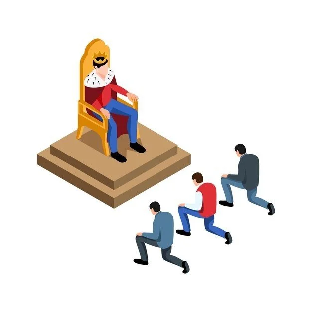 A king on a throne with followers kneeling before him, symbolizing the inner critic that rules the mind through self-judgment, shame, and relentless criticism