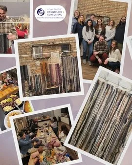 Concentric Counseling & Consulting therapists and team members create yarn‑based, macramé‑inspired pieces at Indigo & Violet, a Chicago art studio.