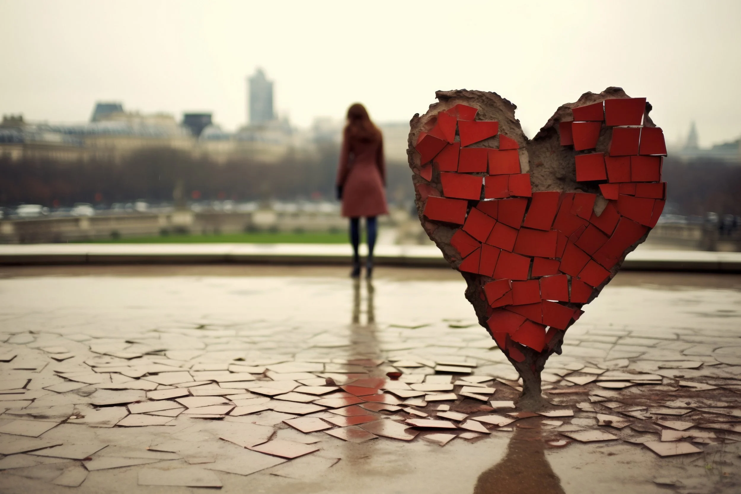 Woman beside a broken heart sculpture representing the emotional impact of an affair, uncertainty about the future of the relationship, and the process of deciding whether reconciliation or separation is the healthiest path forward after infidelity.