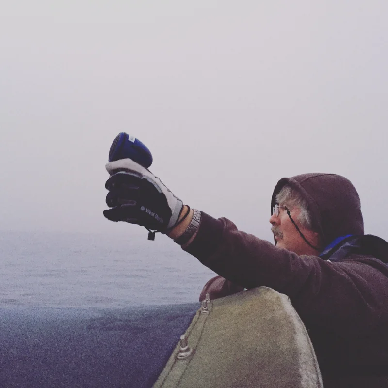 Carl on foghorn duty coming out of the marina