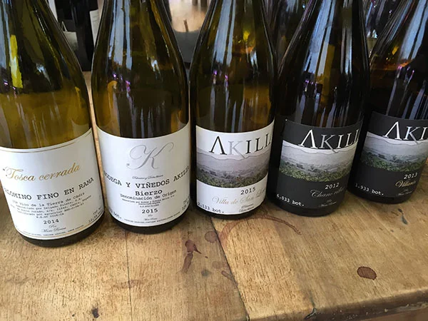 Vinos de Akilia: Tosca Cerrada, 2014, K, Villa de San Lorenzo 2015, Chano Villar 2012 y Villarín 2013