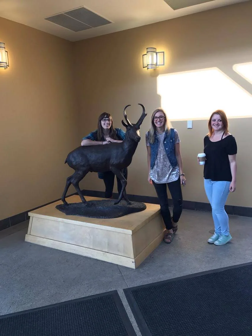 Kaleigh (left), Reanne (middle), and Emily (right), posing proudly next to our lovely mascot. Still waiting to spot a real-life pronghorn on campus! 