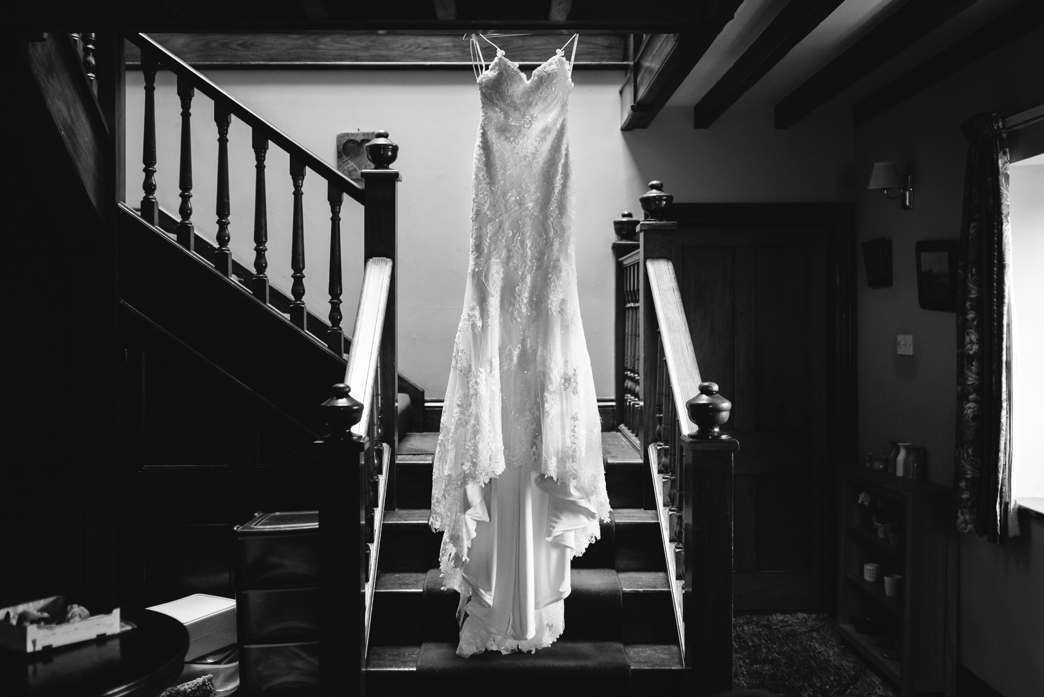 Wedding dress hanging up - Powys Wedding Photography