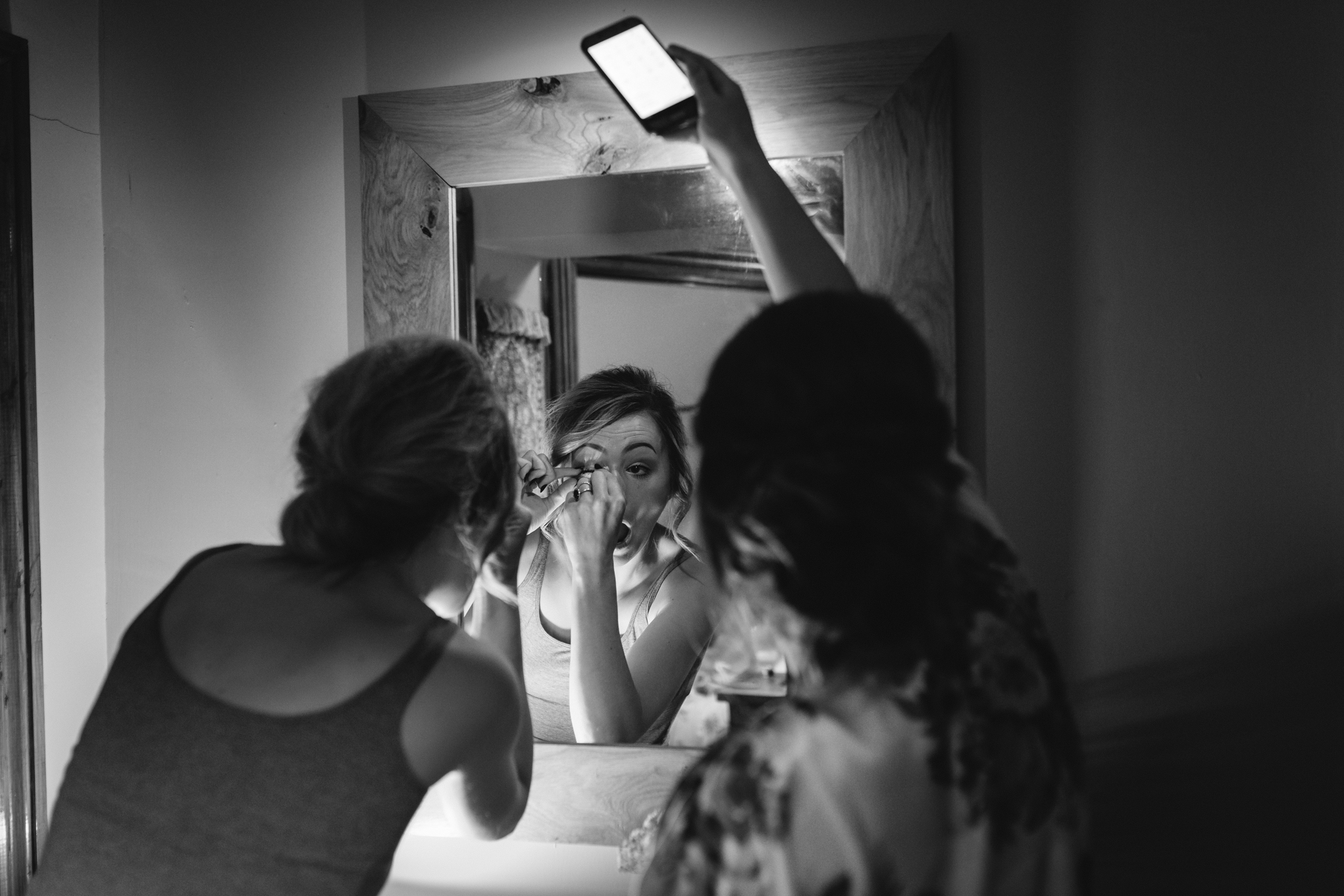 Bridesmaids doing own makeup - Powys Wedding Photography