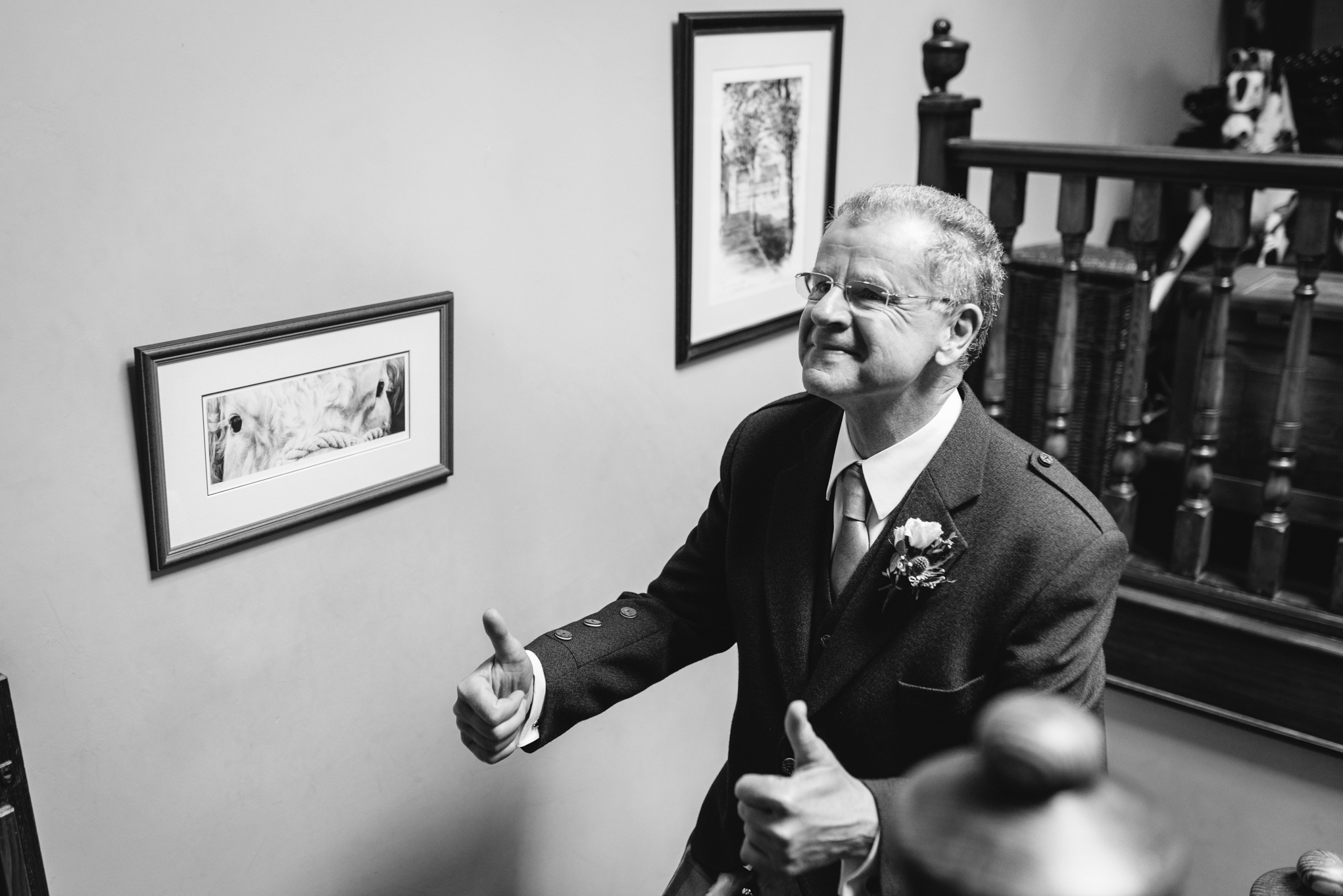 Father of bride giving thumbs up - Powys Wedding Photography