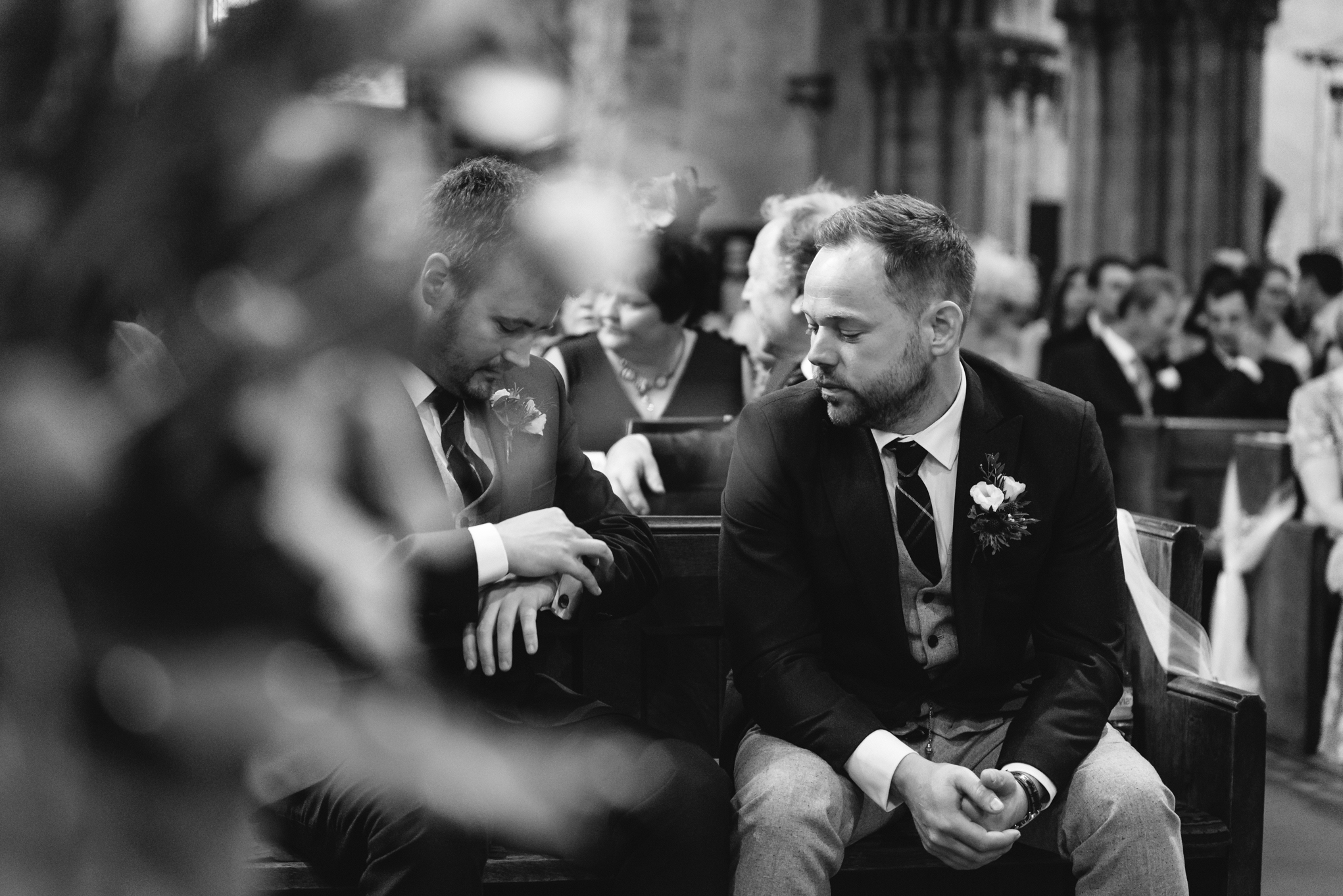 Groom and best man waiting at church - Powys Wedding Photography