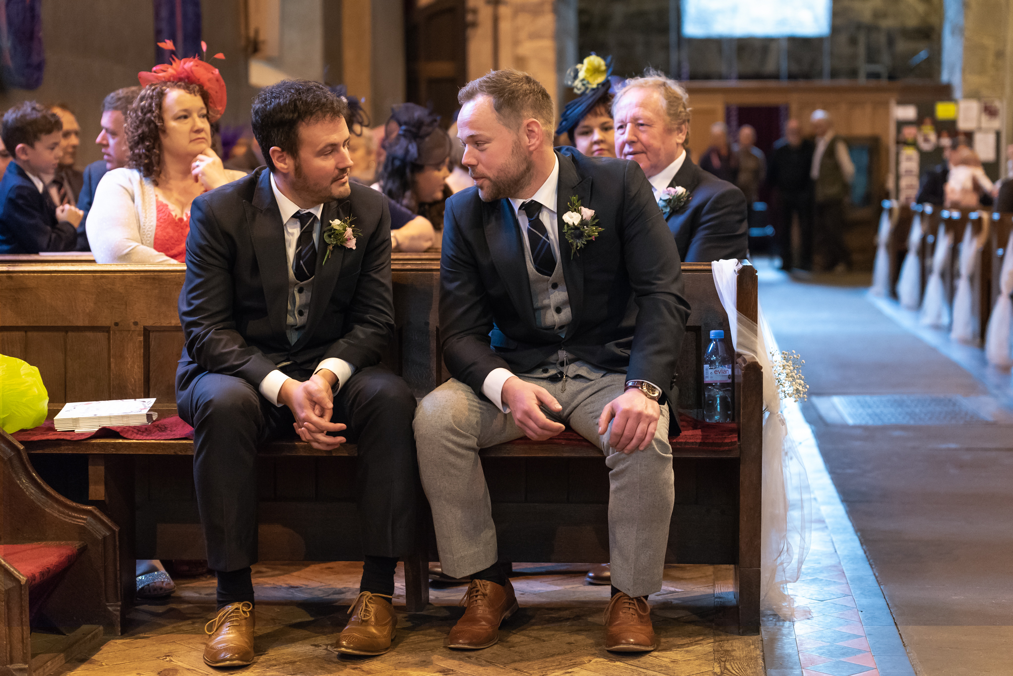 Groom and best man waiting at church - Powys Wedding Photography
