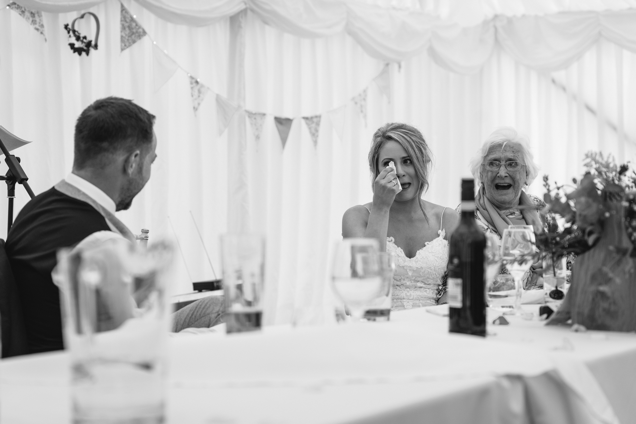 Bride crying during speeches - Powys Wedding Photography