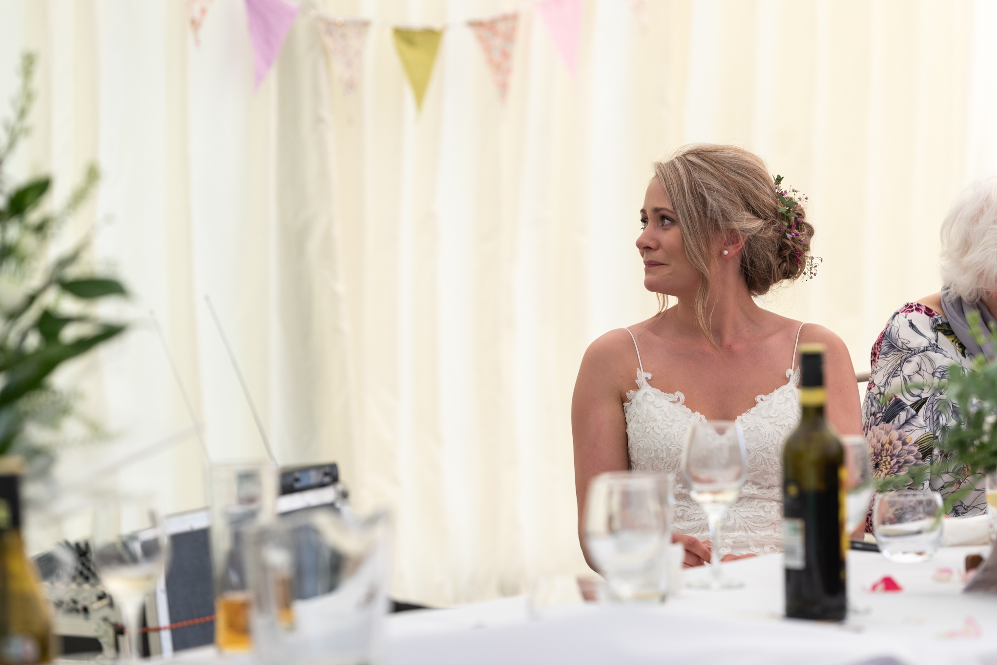 Bride crying during speeches - Powys Wedding Photography