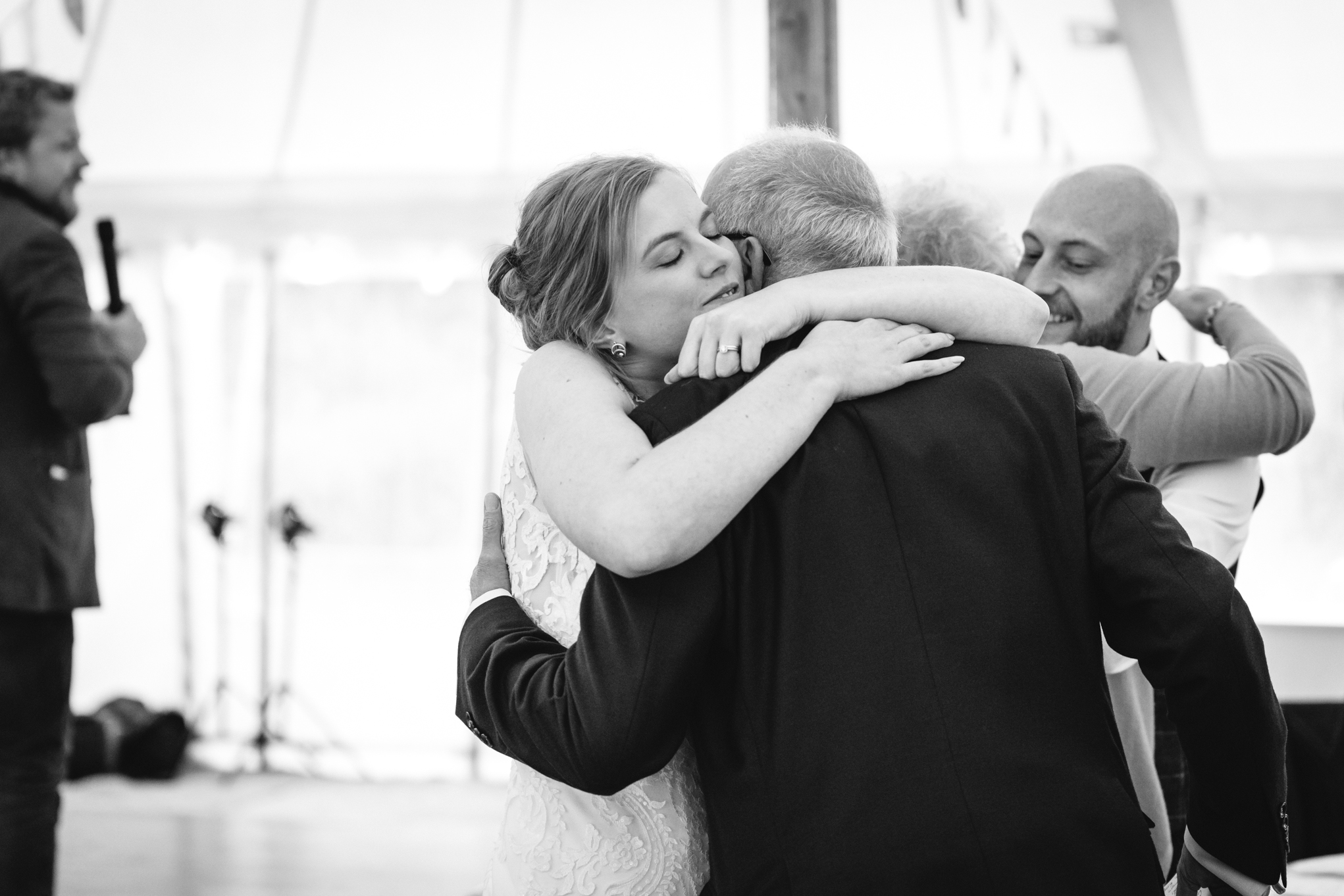 Bride hugging father - Powys Wedding Photography