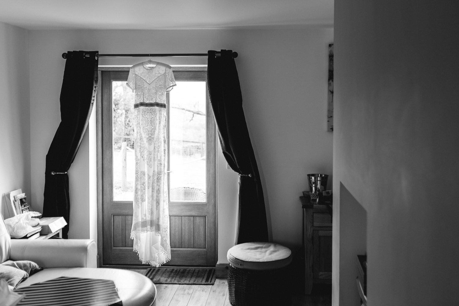 Wedding dress hanging up