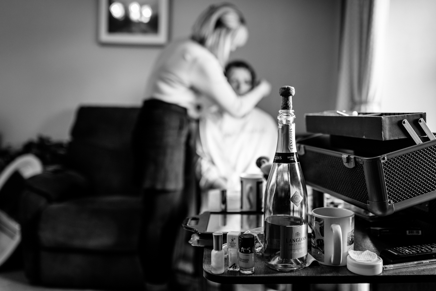 Bottle of champagne during bridal preparations