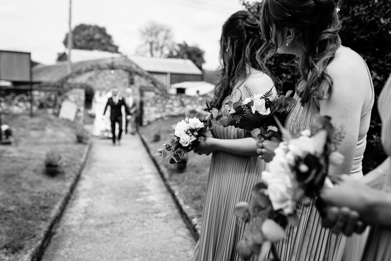 Bride walking up church path