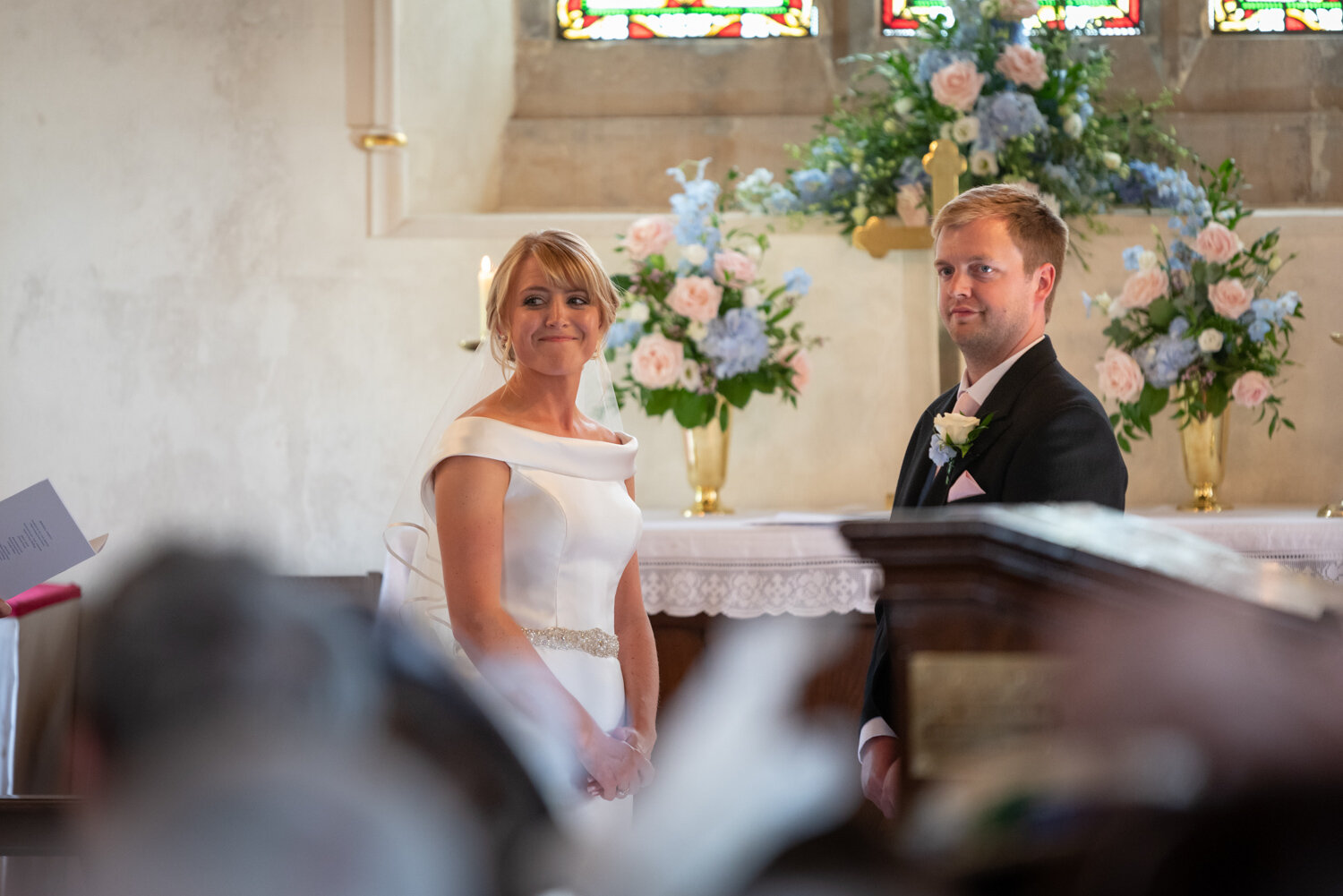 Bride and groom in Glasbury church