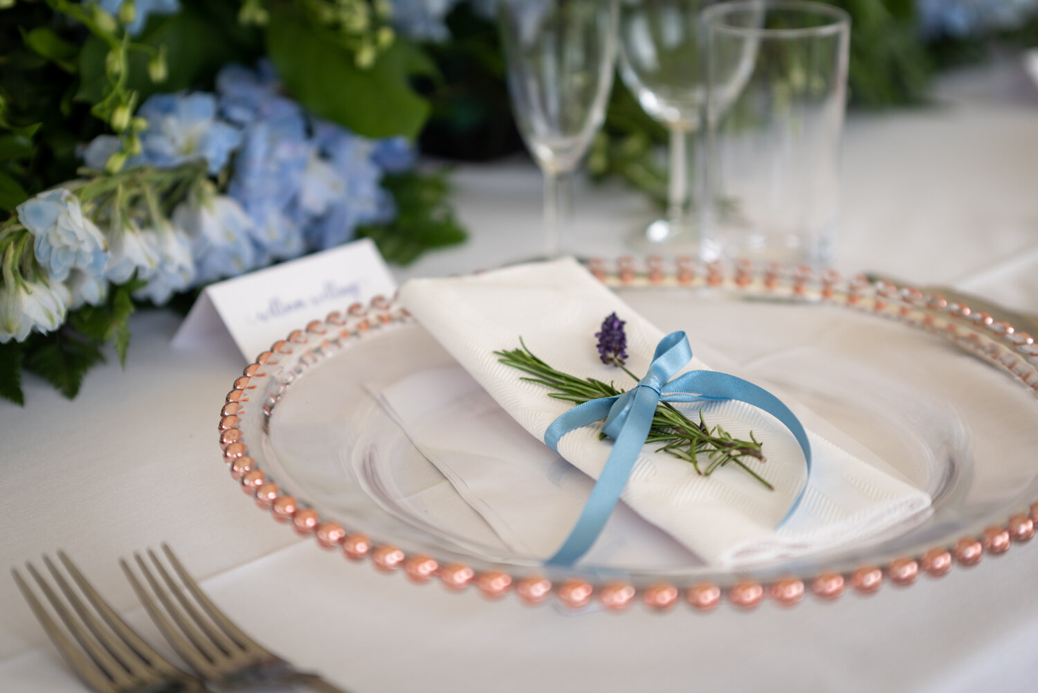 Place setting with lavender at Powys wedding