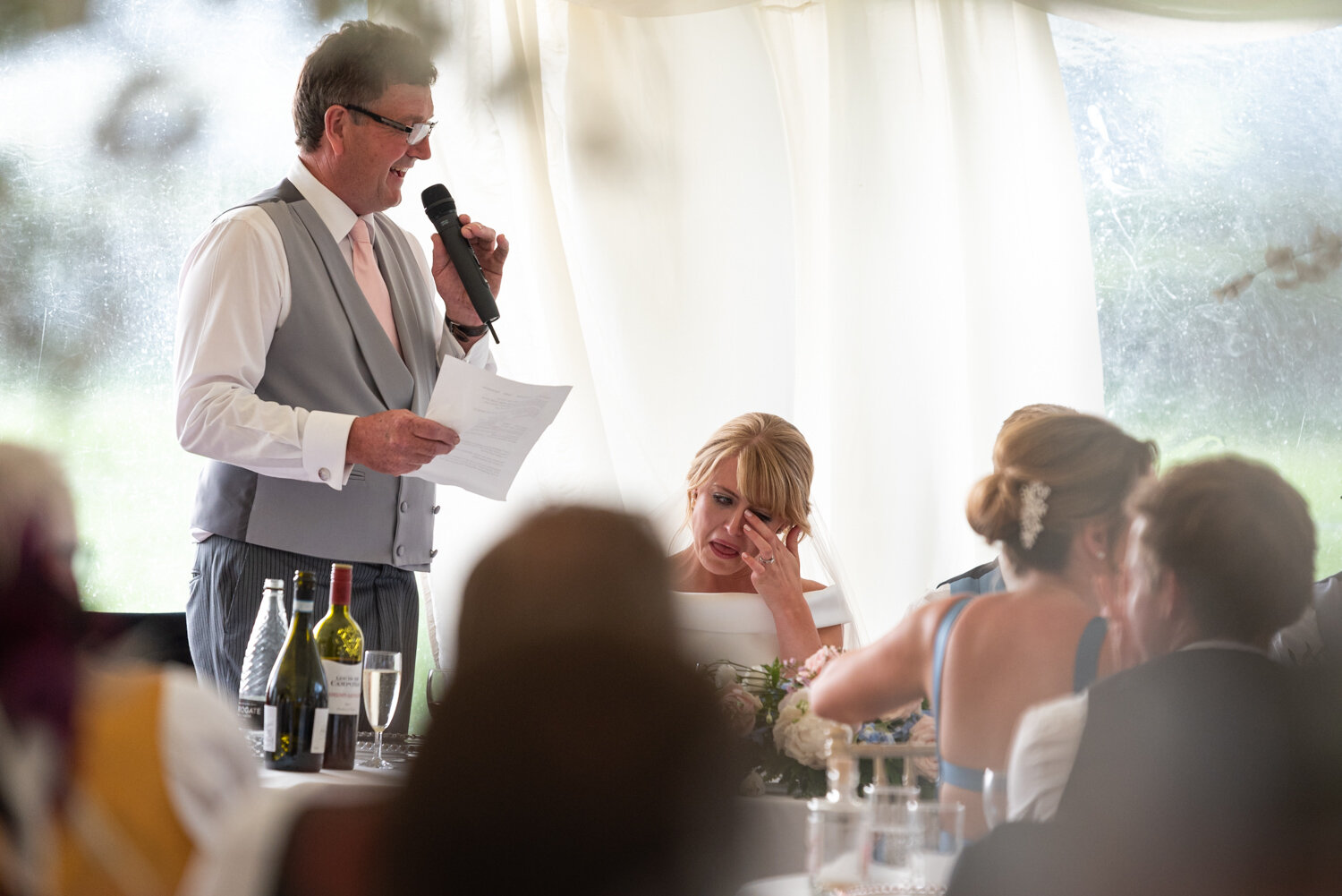 Bride crying during dads speech at Powys wedding