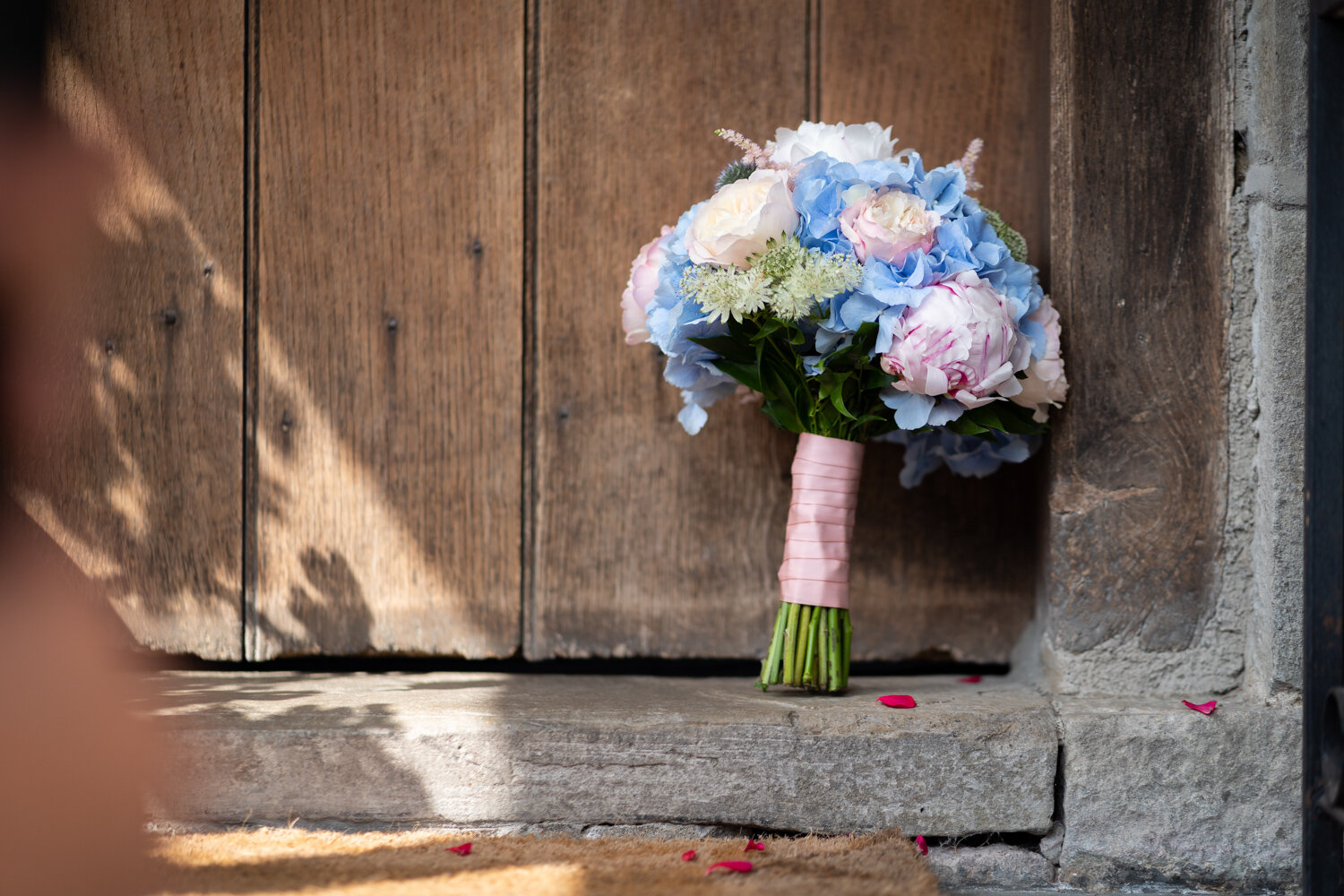 Wedding bouquet at Powys farm wedding