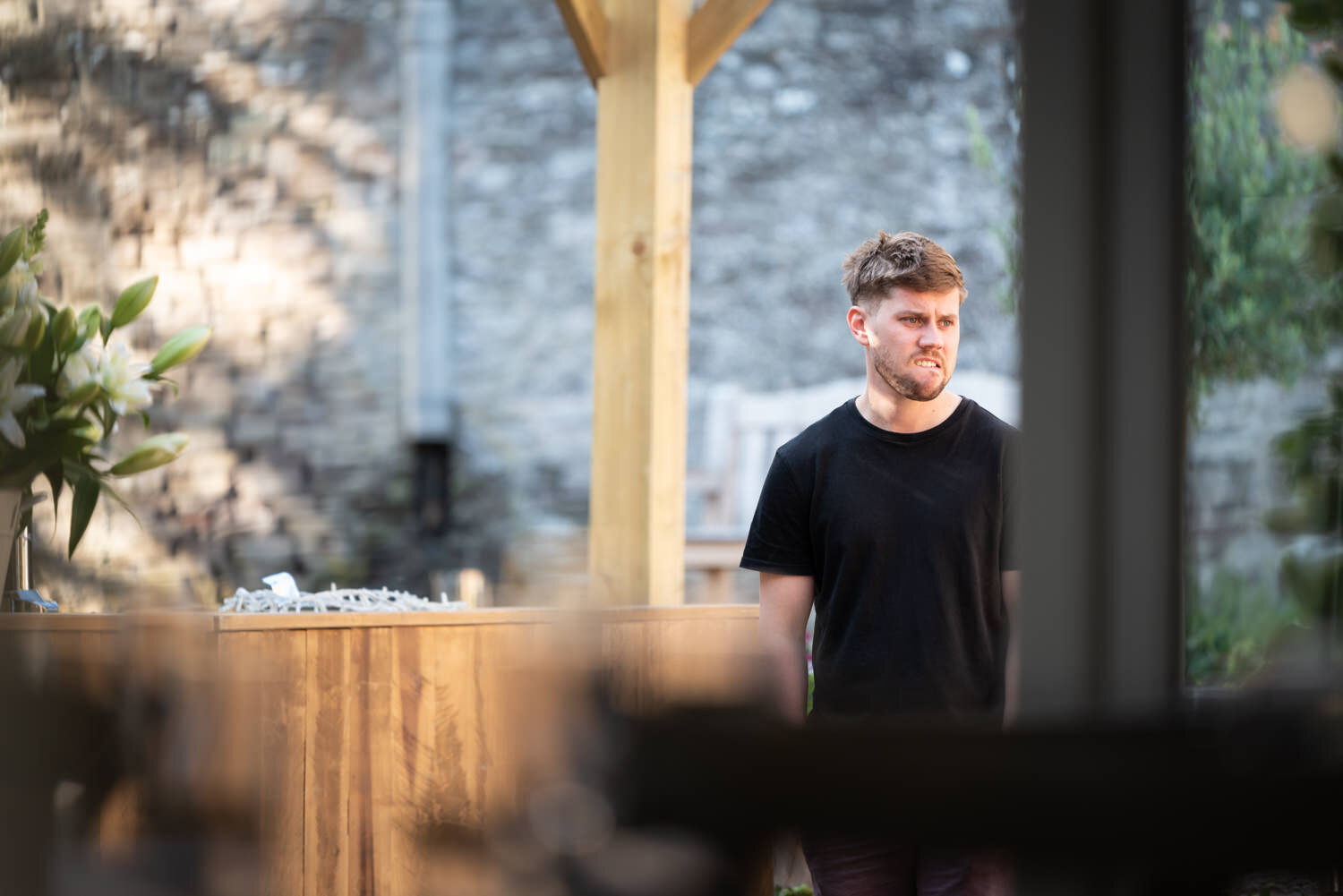 Groom looking nervous on wedding morning