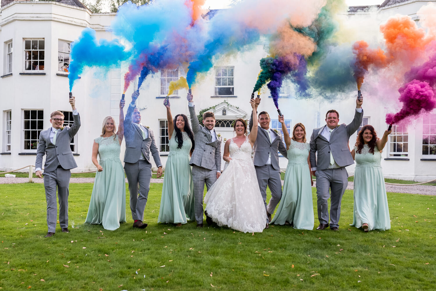 Bridal party smoke bombs at Tall John's House wedding 