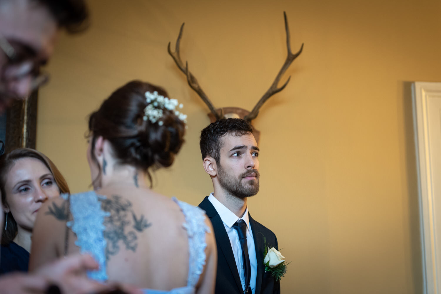 Wedding guest with antlers!