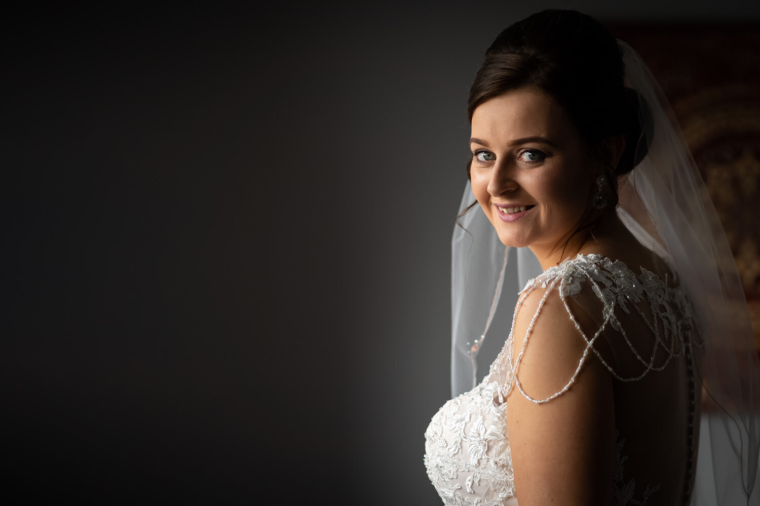 Bride in wedding dress before Elan Valley wedding