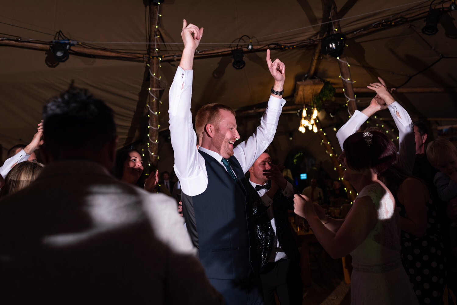 Mid Wales wedding party groom dancing
