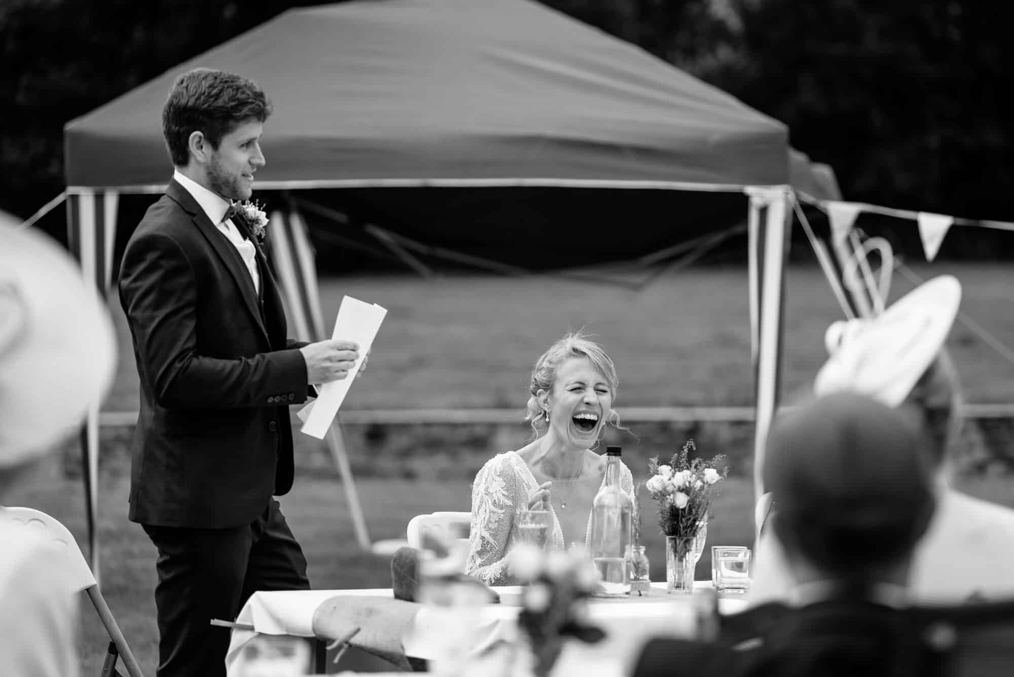 Laughing bride at Wales intimate micro wedding