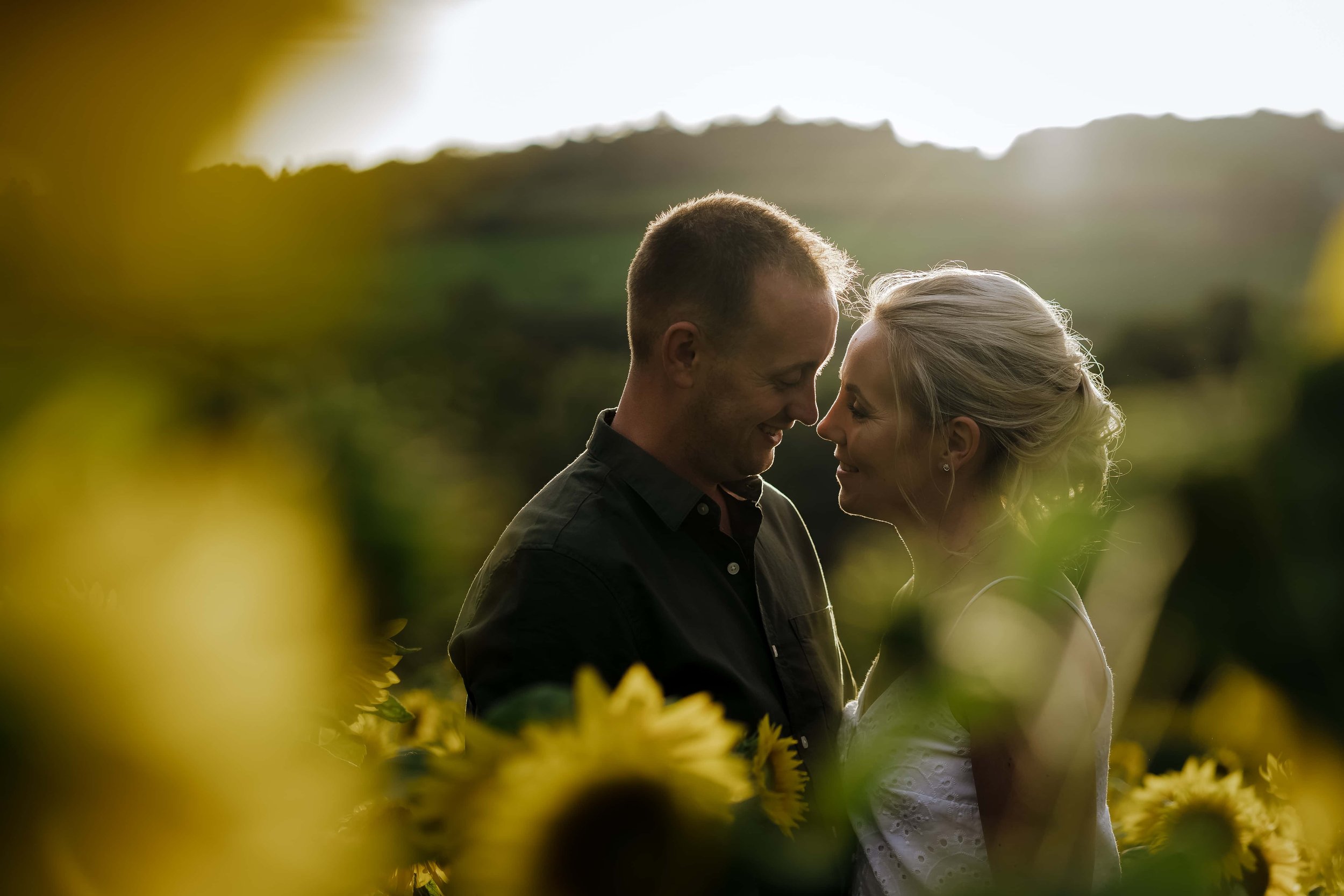 Pre-wedding photo of bride and fiancee in sunflower field