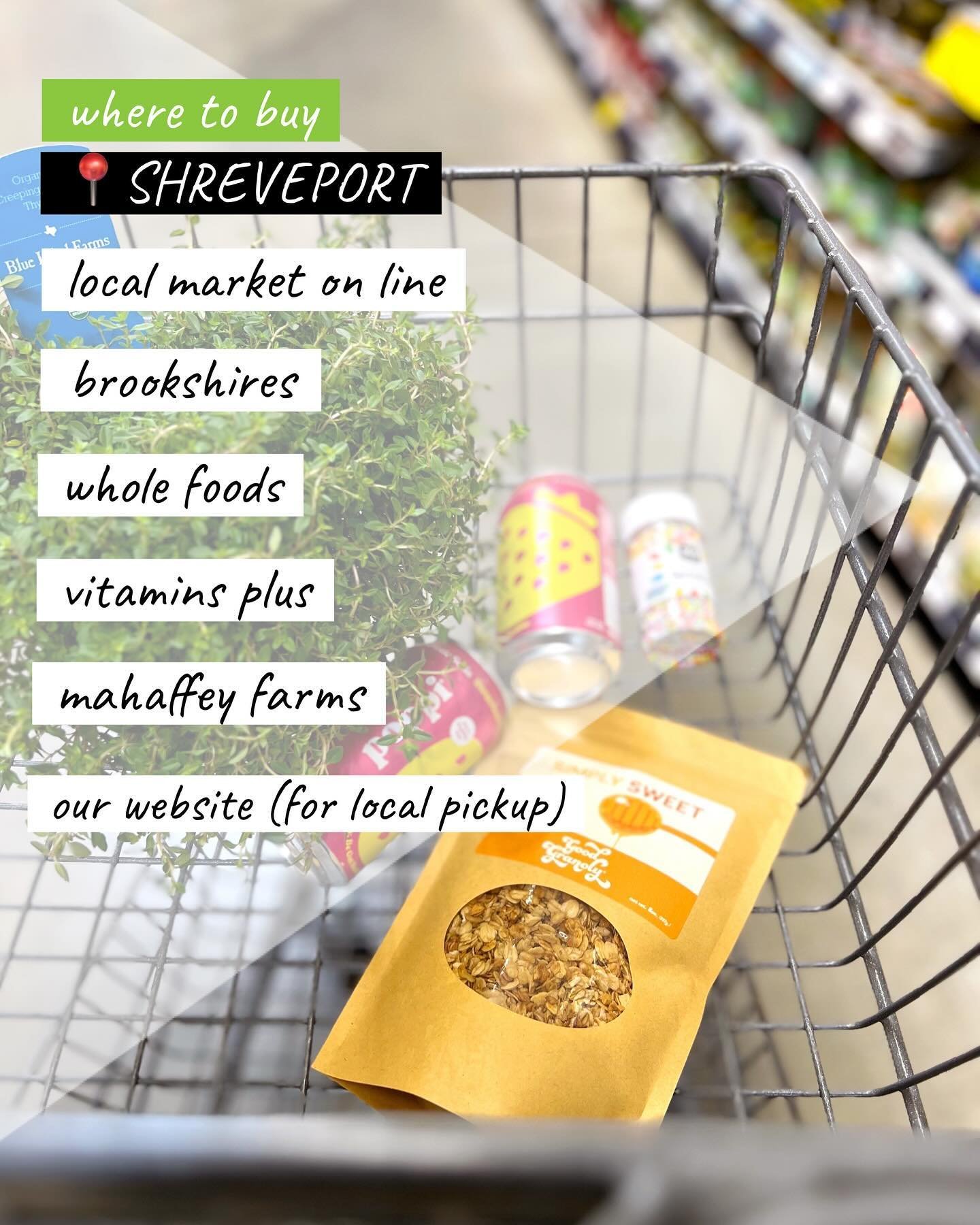 SHREVEPORT / BOSSIER 📣
📍where to buy our granola:

@marketonlineave 
@brookshires_ 
@wholefoods 
@vitaminsplus_shreveport 
@mahaffeyfarms 

And you can always shop online and pick up at our production facility downtown 🏭
#eat318 #shreveport #bossi