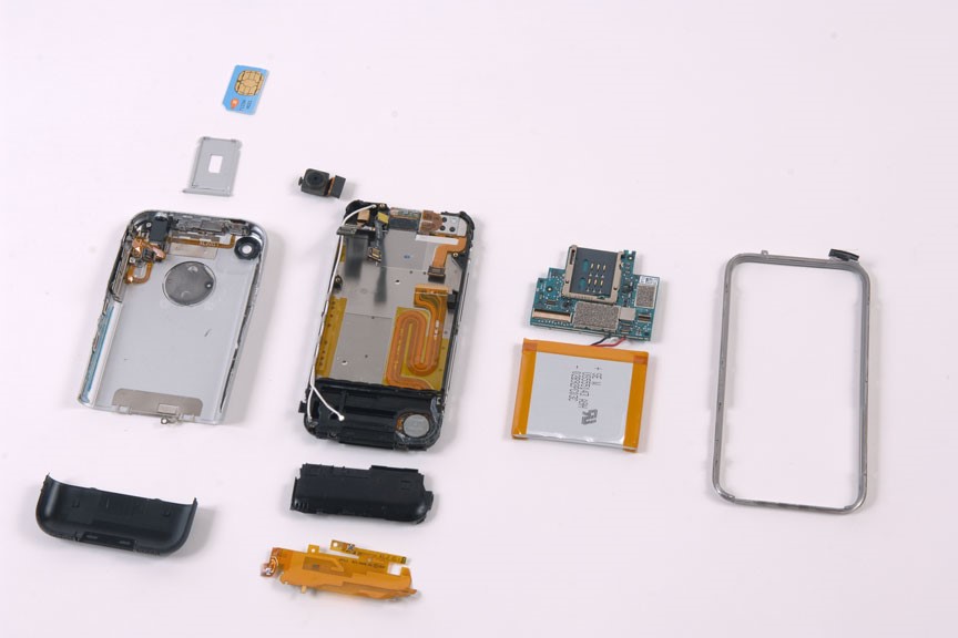 A teardown of the original iPhone, highlighting the interior’s attention to detail and aesthetic value.