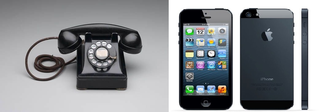 The Dreyfuss Model 3 telephone shown next to promotional photos of the Apple iPhone 5 .
