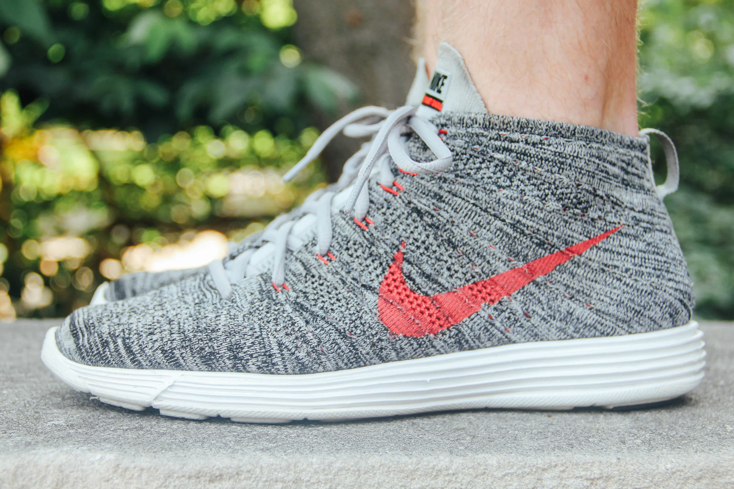 The Nike Lunar Flyknit Chukka in Wolf Grey/University Red (Lunar sole unit featured)