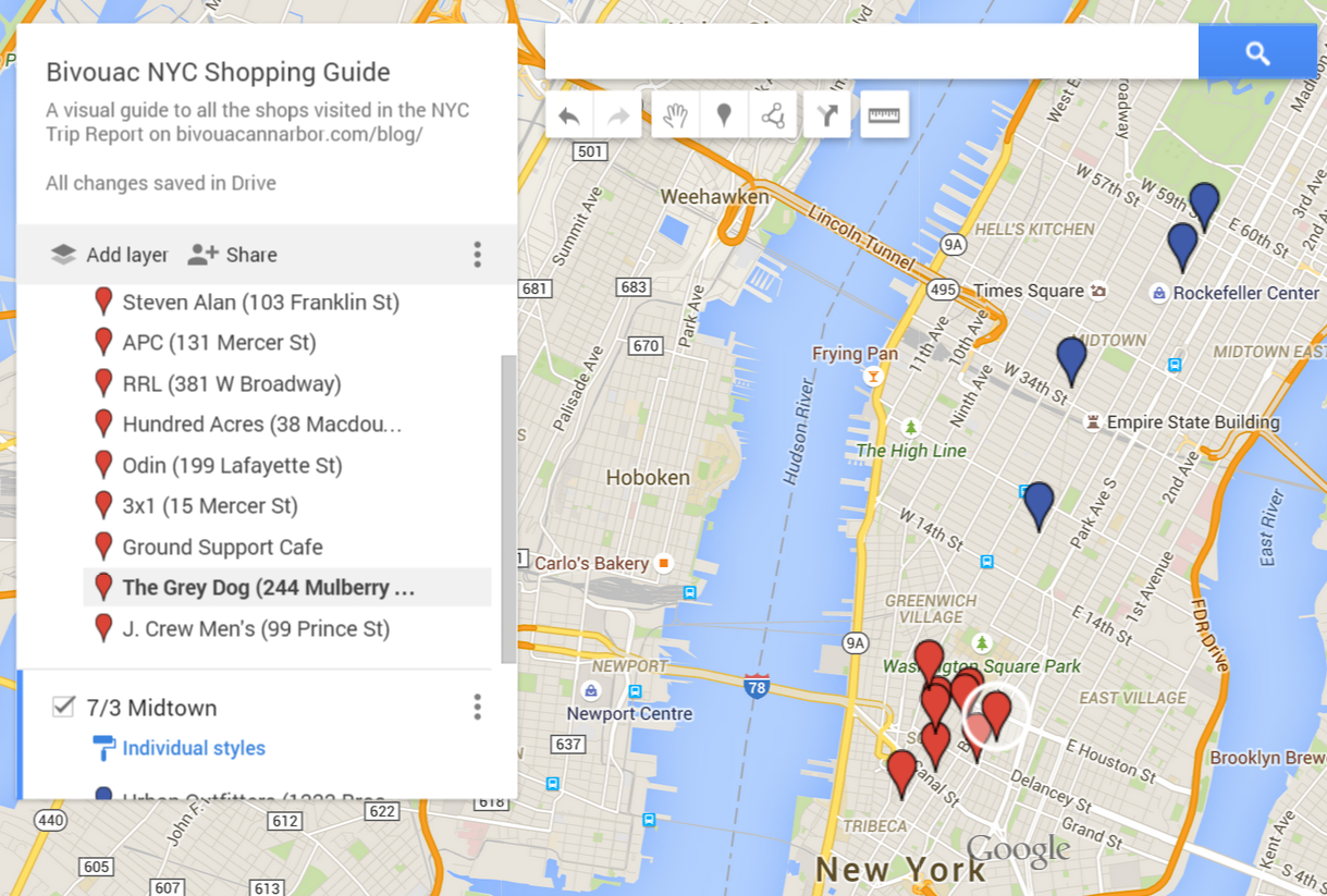 Want a rough guide for your own trip or even just a visual companion? Click here to check out the custom, shareable Google Maps shopping guide .