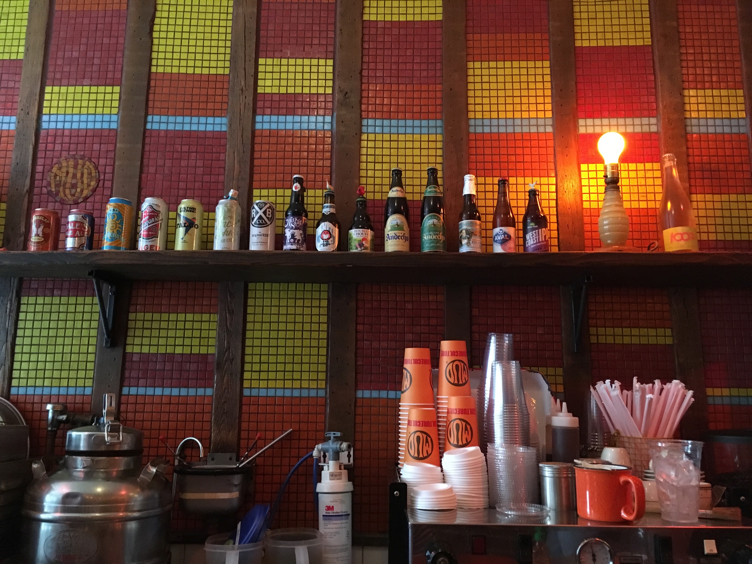 A view behind the bar at Mudspot, taken during the single split second where a staff of 5 wasn't busily making drinks in front of me.