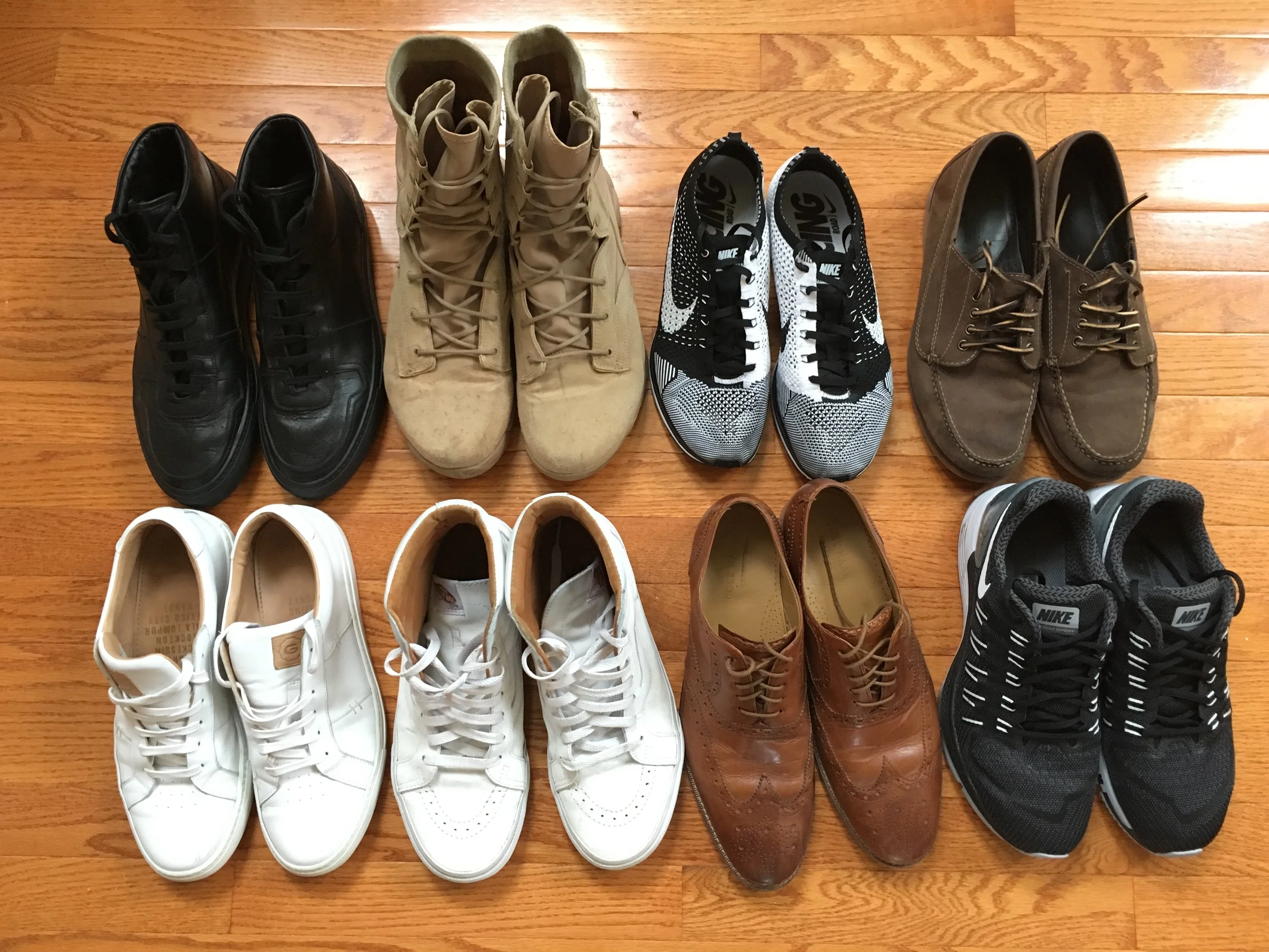 (left to right) Top: Common Projects BBall High/Nike SFB/Nike Flyknit Racer/LL Bean Signature Blucher Moc. Bottom: Greats Royale/Vans Sk8-Hi/Cole Haan Cambridge Wingtip/Nike Zoom Odyssey.