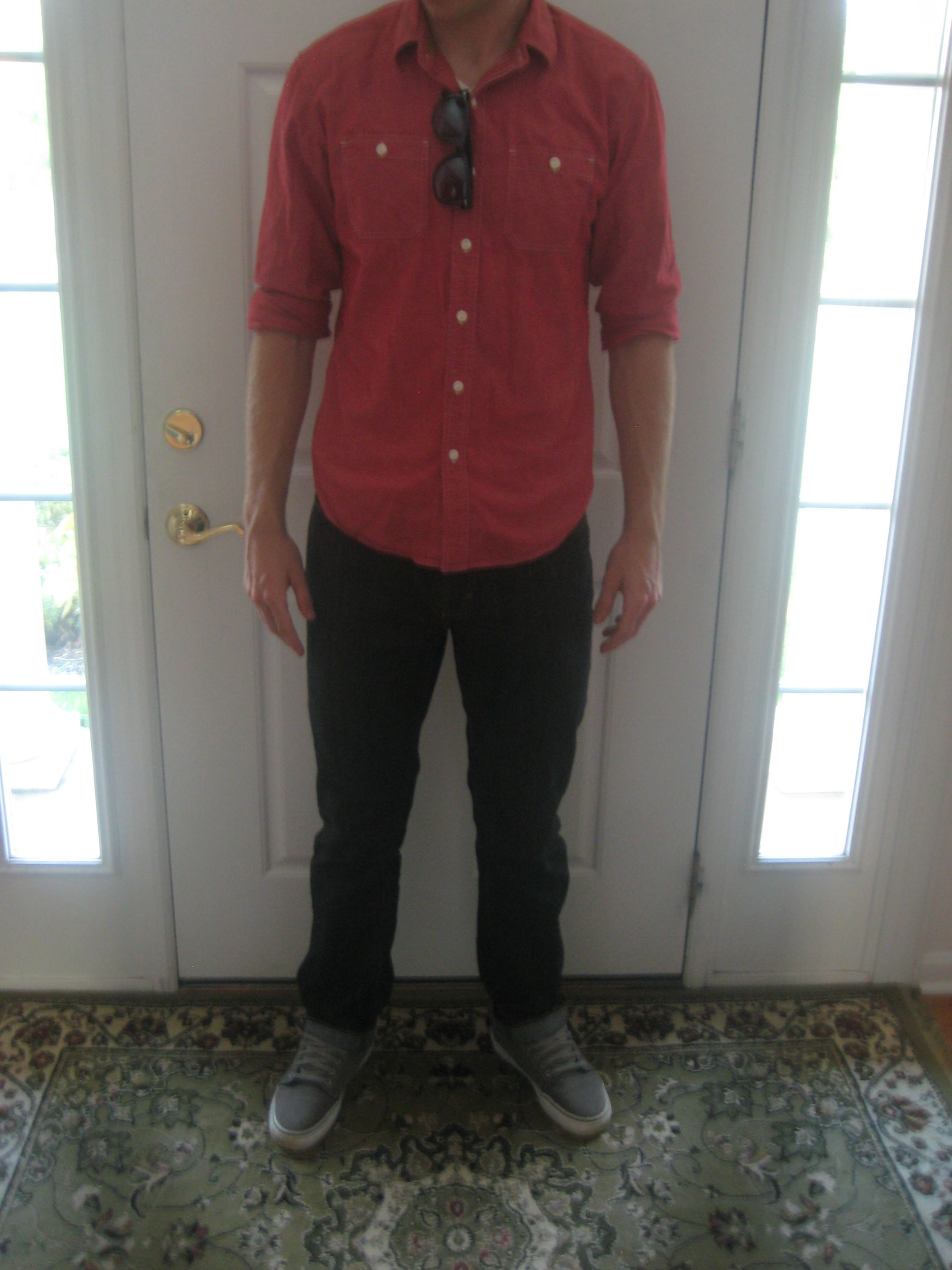 My first ever WAYWT post, taken close to four years ago. The shirt is too short, the pants are too tight at the knees, and there's some visible tightness in the chest.