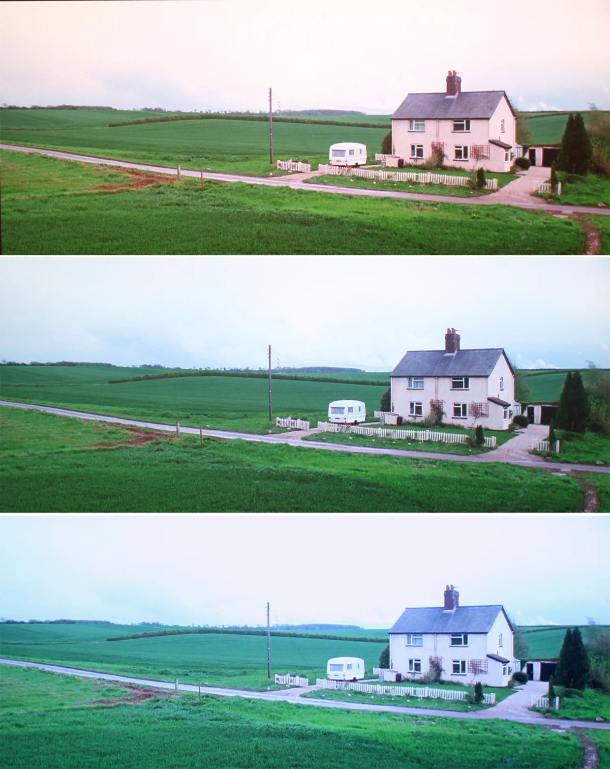 The same image of a house, with temperature adjusted from warmest (top) to coolest (bottom).