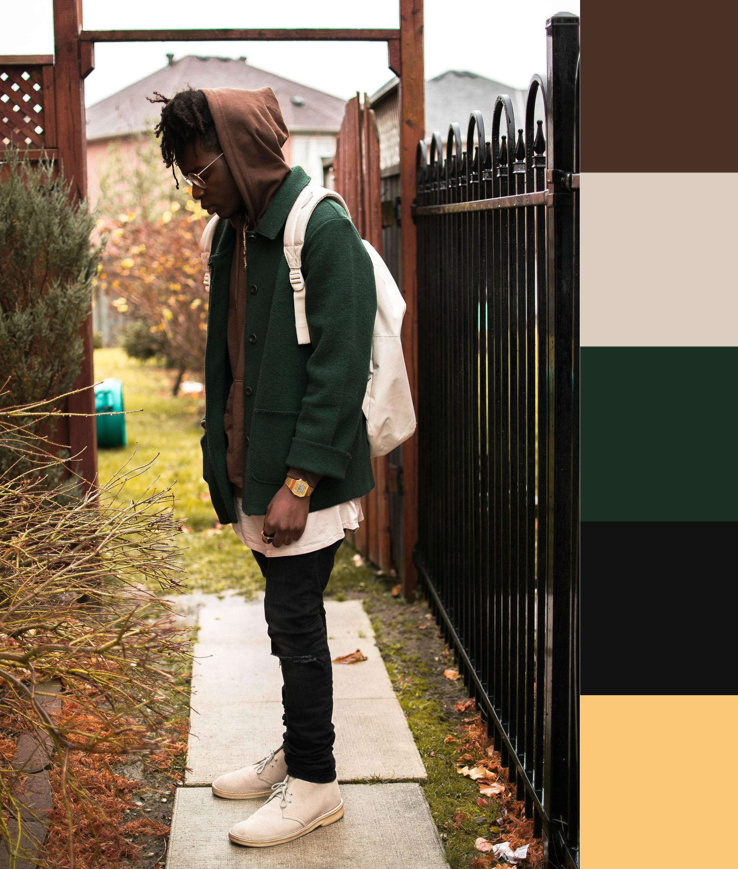 Heavy emphasis on earth tones, with similar high-value hues (black -> rich brown -> deep green) complimented by pops of light brown.
