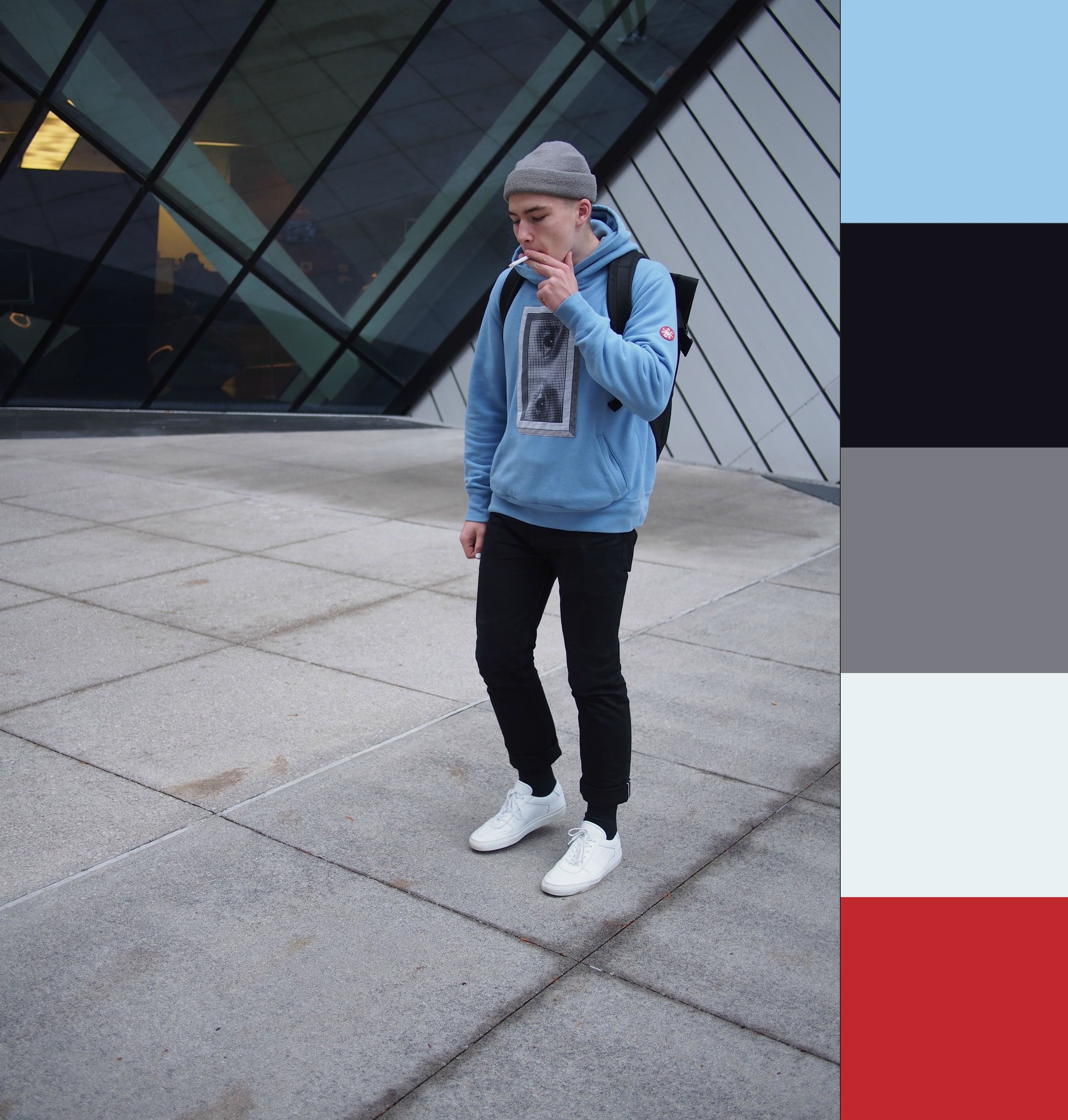 The master's course in building an unconventional color palette. Keep the majority simple (black, white, grey monochrome bounds), introduce a pop of color that's still related to the boundaries (ex. lower saturation pale blue), then add a related color to finish it off. This picture is the reason I almost spent $400 on an Icon sweatshirt. On a related note: WTB used Icon sweatshirt in US Large.